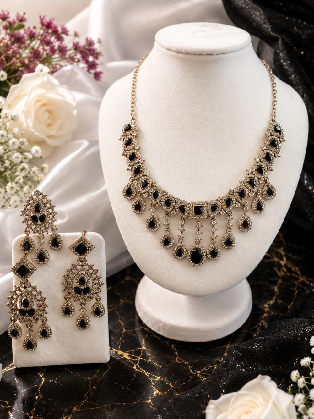 Elegant Black and Gold Teardrop Necklace & Earring Set